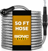 BIONIC STEEL front view showing 50 ft metal hose with sprayer for reliable watering