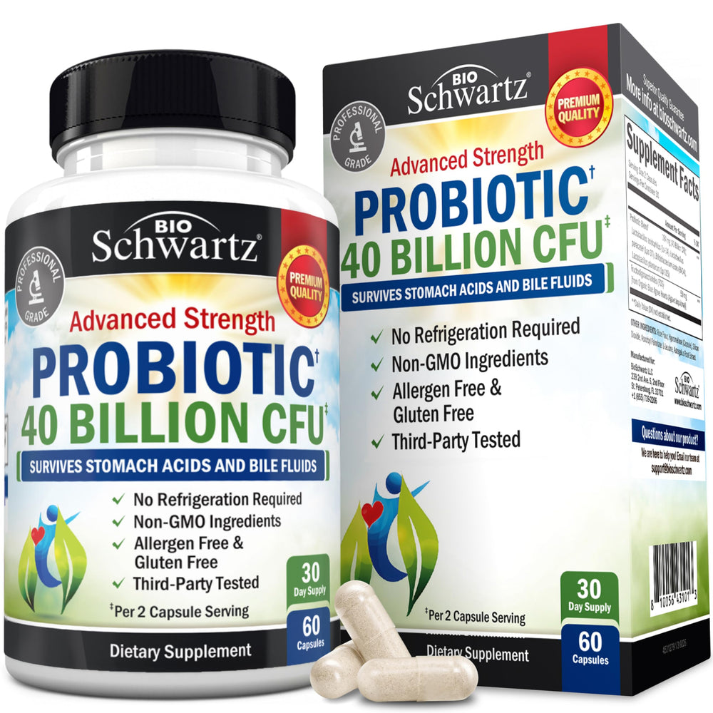 BioSchwartz front bottle view showing clear probiotic branding and convenience