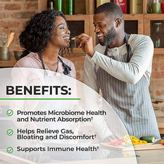Prebiotic powder texture beside capsules showing organic prebiotic source benefit