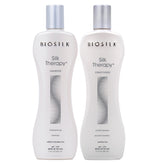 BioSilk duo front packaging showing shampoo and conditioner for glossy hair