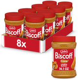 Biscoff front packshot showing eight jars and brand for pantry stocking benefit