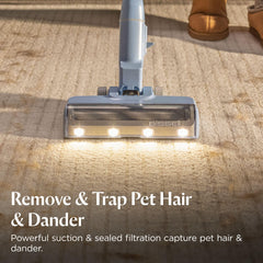 Bissell PowerClean LED headlight detail illuminating hidden pet hair for better visibility