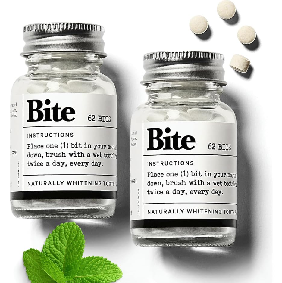 Bite front packaging showing two bottles and 124 tabs for travel convenience
