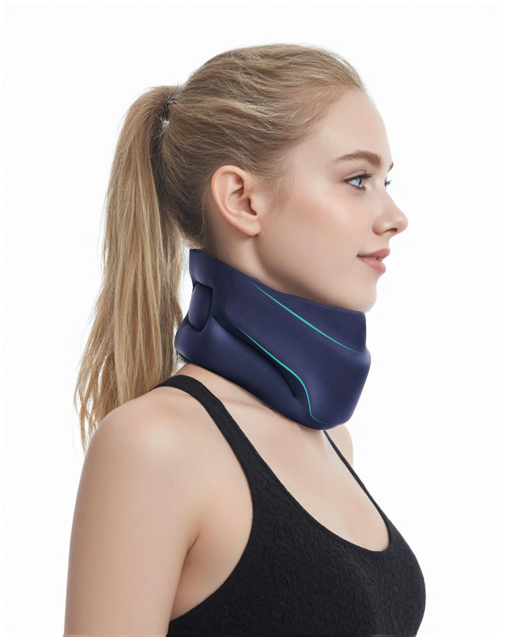 BLABOK neck brace front view showing supportive fit and quick application benefit