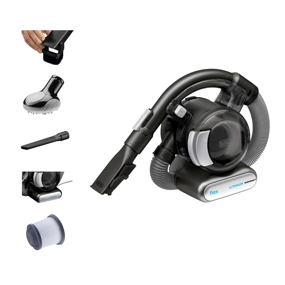 BLACK+DECKER dustbuster FLEX front view showing compact cordless design and portability