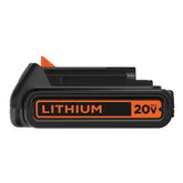 BLACK+DECKER front packaging view showing compact 20V 1.5Ah battery and benefit of easy identification