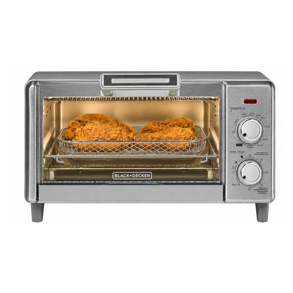 BLACK+DECKER front view showing compact countertop oven and sleek design benefit