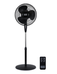 BLACK+DECKER front view pedestal fan showing controls and airflow benefit