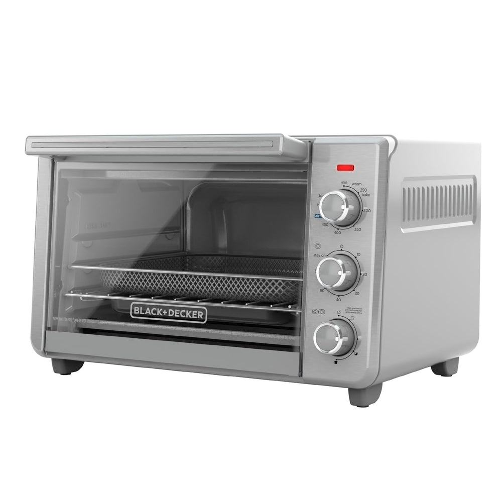 BLACK+DECKER front view of toaster oven showing controls and door for easy countertop use