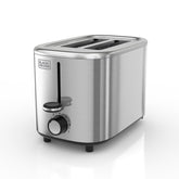 BLACK+DECKER toaster front view showing sleek stainless steel and compact footprint for small kitchens