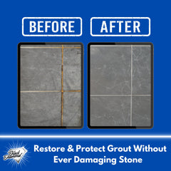 Black Diamond Stoneworks before and after grout restoration showing contrast