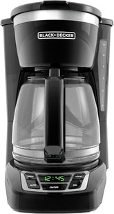 BLACK+DECKER front view of 12-cup brewer showing sleek profile and daily reliability