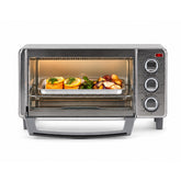 BLACK+DECKER front view showing compact stainless steel oven and door benefit fast countertop cooking