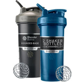 BlenderBottle Classic V2 front view showing black and navy two-pack, clear branding and capacity