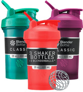 BlenderBottle Classic V2 front view showing three colored bottles and label, highlights durability