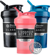 BlenderBottle front view of three-color 3-pack showing design and labels, great for quick identification