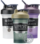 BlenderBottle front view of three 20 oz shakers showing color options and label benefit