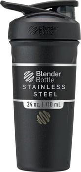 BlenderBottle front view black stainless steel showing sleek insulated body and lid, durable cold retention