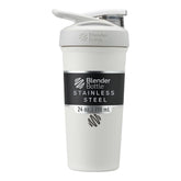 BlenderBottle front view showing white stainless steel finish and 24 oz capacity benefit