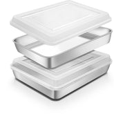 Blingco front view of two pans with lids showing secure snap locks and durable finish