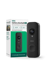 Blink doorbell front view showing sleek black design and camera, improves curbside security