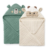 Blissful Diary front view of two hooded towels showing cute bear and lamb designs for easy identification and giftability