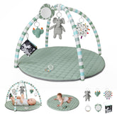 Blissful Diary front view of sage green play gym mat showing full layout and toys promoting exploration
