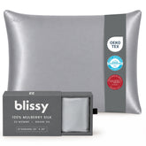 Blissy silk pillowcase front view in silver showing smooth finish benefit