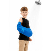 BLOCCS front packaging of child arm cast cover showing product and model benefits