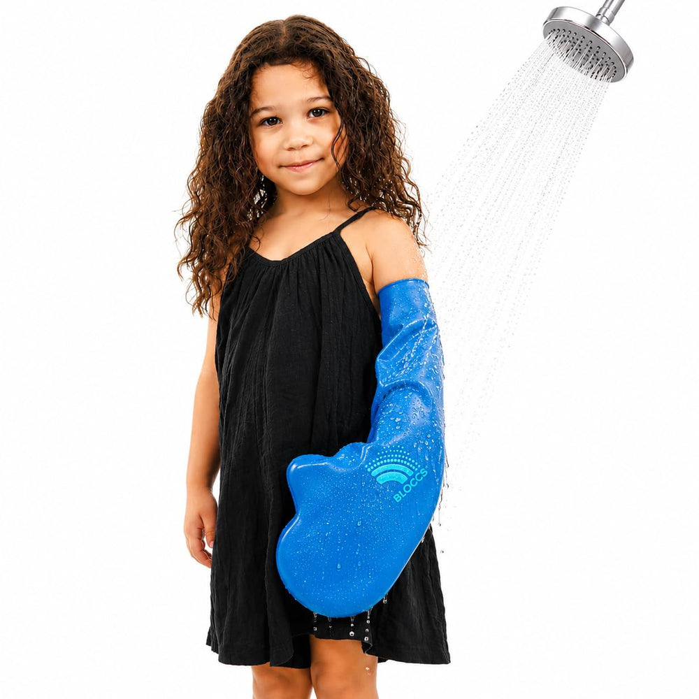 BLOCCS front packaging showing small child arm cover protecting cast