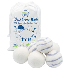 Bloom & Bright front packaging showing six XL wool dryer balls and bag benefits
