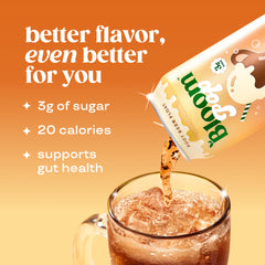 Bloom Nutrition pour close-up from can into glass showing creamy foam and enjoyment