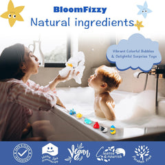 BloomFizzy close-up of bath bomb texture highlighting gentle ingredients for soothing baths