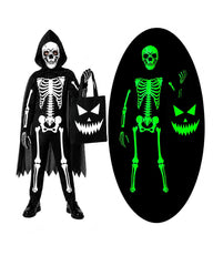 Bloremed front view of glow-in-the-dark skeleton jumpsuit showing full bone print and fit