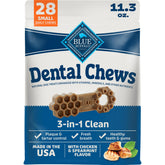 Blue Buffalo front packaging of dental chews highlighting purpose and count