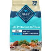 Blue Buffalo front packaging showing 30 lb bag and fish recipe benefits