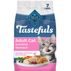 Blue Buffalo front packaging showing Tastefuls sensitive stomach benefits