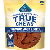 Blue Buffalo front packaging of 22 oz jerky cuts showing product and resealable bag benefit