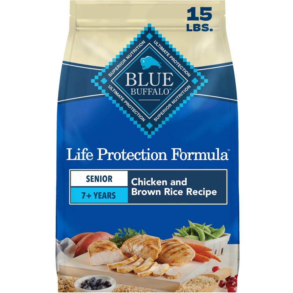 Blue Buffalo front bag view showing senior formula and benefits