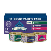 Blue Buffalo front packaging of Wilderness paté variety pack showing cans and branding, promotes balanced nutrition