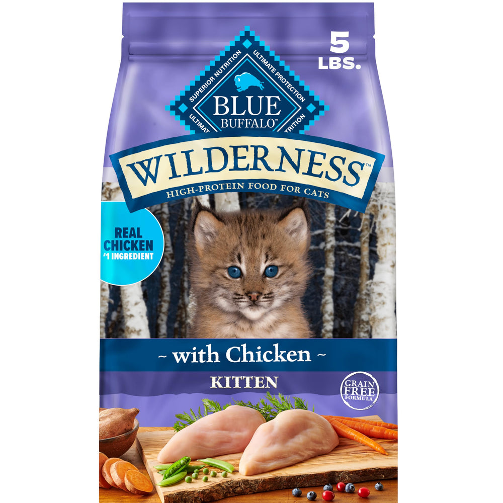 Blue Buffalo front packaging showing Wilderness kitten recipe benefits