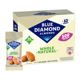 Blue Diamond front box showing 32 single-serve packs and easy storage benefit