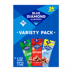 Blue Diamond front packaging showing 24 on-the-go packs and convenience