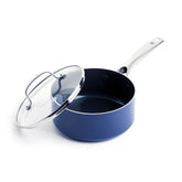Blue Diamond saucepan front view showing lid and compact design for versatile cooking