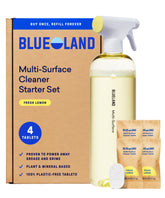 BLUELAND starter bottle front view showing refillable design and lemon scent benefits