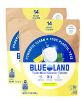 BLUELAND front packaging showing 28ct plastic-free cleaner tablets and sustainable benefit