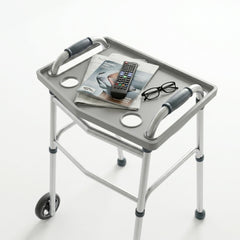 Bluestone tray front view showing full tabletop and cup holders for improved convenience