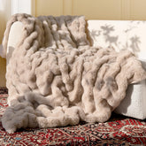 blunique front view of light brown throw blanket highlights elegant styling and warmth