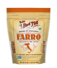 Bob's Red Mill farro being poured next to measuring cup showing portion and scale benefit