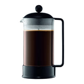 Bodum Brazil front view showing black frame and glass carafe, highlights easy pouring